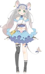 Rule 34 | 1girl, absurdres, animal ears, arms at sides, asymmetrical legwear, bare shoulders, big hair, black thighhighs, blue skirt, closed mouth, copyright request, detached sleeves, donguri suzume, drill hair, earclip, fortissimo, full body, gloves, green eyes, grey hair, hair ornament, head tilt, heart, highres, long hair, long sleeves, looking up, midriff, mouse ears, mouse tail, musical note, musical note hair ornament, nail polish, navel, no shoes, partially fingerless gloves, pink nails, single sock, single thighhigh, skirt, socks, solo, standing, tail, tail ornament, thighhighs, toeless legwear, toenail polish, toenails, uneven legwear, virtual youtuber
