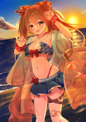 Rule 34 | 1girl, blush, breasts, cleavage, highres, looking at viewer, medium breasts, nozomi (princess connect!), open mouth, orange hair, princess connect!, red eyes, smile, solo, sunset, swimsuit, syurimp, tagme, twintails