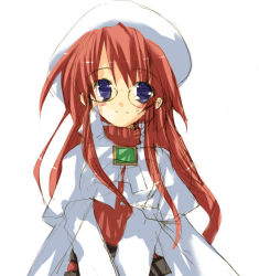 Rule 34 | 1girl, aty, aty (summon night), beret, blue eyes, blush, cloak, glasses, hat, long hair, looking at viewer, red hair, simple background, smile, solo, summon night, summon night 3, v arms, white background