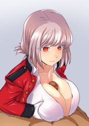 Rule 34 | 1boy, 1girl, braid, breasts, breasts squeezed together, buttons, censored, cleavage, collarbone, dress shirt, eyelashes, fate/grand order, fate (series), florence nightingale (fate), folded ponytail, grey background, hetero, highres, isemagu, jacket, large breasts, military jacket, mosaic censoring, orange eyes, paizuri, penis, pink hair, red jacket, shirt, signature, simple background, swept bangs