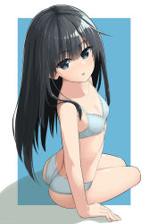 Rule 34 | 1girl, aqua bra, aqua panties, arm support, asashio (kancolle), black hair, blue background, blue eyes, blush, bra, breasts, cleavage, female focus, from above, from behind, hair between eyes, hair ornament, highres, kantai collection, kuronaga, long hair, looking at viewer, looking back, looking up, open mouth, panties, shadow, sitting, small breasts, solo, two-tone background, underwear, underwear only, very long hair, white background