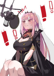 Rule 34 | !, !!, 1girl, absurdres, arms between legs, black cape, black dress, breasts, cape, cleavage, cleavage cutout, clothing cutout, dress, hair behind ear, highres, hololive, hololive english, large breasts, long hair, longlong (drasdr7513), microphone, mori calliope, pink hair, red eyes, shaking, sitting, smile, solo, spikes, surprised, tiara, veil, virtual youtuber