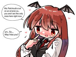 Rule 34 | 1girl, bat wings, black vest, blush, collared shirt, commentary, dot nose, english text, finger to face, flying sweatdrops, hair between eyes, hand up, head wings, heart, index finger raised, kasuya baian, koakuma, long hair, long sleeves, necktie, nose blush, open mouth, red eyes, red hair, red necktie, shirt, sidelocks, simple background, smile, solo, speech bubble, sweatdrop, touhou, upper body, very long hair, vest, white background, white shirt, wings