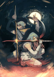 Rule 34 | 2girls, absurdres, arm up, arms up, black hair, black thighhighs, bukimi isan, elbow gloves, gloves, grey gloves, grey thighhighs, highres, holding, holding sword, holding weapon, japanese clothes, katana, long hair, moon, mouth hold, multiple girls, night, outdoors, ponytail, sandals, shy (series), siblings, sisters, sword, tennouji ai (shy), tennouji mai (shy), thighhighs, weapon