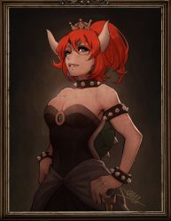 Rule 34 | 1girl, alternate color, armlet, bare shoulders, bowsette, bracelet, breasts, collar, crown, dark-skinned female, dark skin, dress, earrings, fang, fang out, framed, horns, jewelry, large breasts, light smile, mario (series), new super mario bros. u deluxe, nintendo, ponytail, red hair, solo, spiked armlet, spiked bracelet, spiked collar, spiked shell, spikes, strapless, strapless dress, super crown, thick eyebrows, tight clothes, tight dress, vashperado