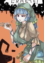 Rule 34 | absurdres, blue hair, breasts, commentary request, green headwear, hammer, haniyasushin keiki, head scarf, highres, holding, holding hammer, jewelry, kataba (user vdek5387), large breasts, long hair, magatama, magatama necklace, necklace, open mouth, orange background, pocket, red eyes, short sleeves, sigh, single strap, touhou, typo, wood carving tool