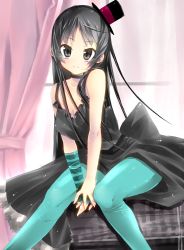 Rule 34 | 1girl, aged down, akiyama mio, aqua pantyhose, asymmetrical clothes, bad id, bad pixiv id, bare shoulders, black eyes, black hair, blue pantyhose, don&#039;t say &quot;lazy&quot;, dress, elbow gloves, fingerless gloves, gloves, hat, highres, hime cut, k-on!, legs, long hair, mini hat, mini top hat, pantyhose, shikinyan, solo, top hat