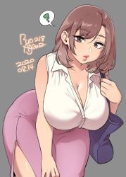 Rule 34 | 1girl, 2020, ?, agawa ryou, artist name, bag, bare shoulders, bent over, breasts, commentary, curvy, dated, grey background, handbag, huge breasts, lips, lipstick, makeup, mature female, original, purple skirt, signature, simple background, skirt, smile, solo, spoken question mark, thick thighs, thighs, wide hips