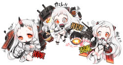 Rule 34 | 10s, 3girls, :d, abyssal ship, ahoge, airfield princess, black panties, chibi, claws, cleavage cutout, clothing cutout, detached sleeves, dress, horns, kantai collection, long hair, looking at viewer, machinery, meme attire, mittens, multiple girls, northern ocean princess, open-chest sweater, open mouth, orange eyes, pale skin, panties, seaport princess, shibi, silver hair, single horn, smile, sweater, torn clothes, torn dress, torn panties, translation request, underwear
