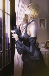 Rule 34 | 00s, 1girl, absurdres, bare shoulders, blonde hair, bob cut, breasts, cleavage, criss-cross halter, cup, detached sleeves, dress, drinking glass, female focus, formal, green eyes, halterneck, highres, jewelry, lips, looking up, maeshima shigeki, milepoch finedel, mirepoc finedel, necklace, picture frame, solo, tatakau shisho, window, wine glass