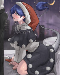 Rule 34 | 1boy, 1girl, black capelet, black pants, black skirt, blue eyes, blue hair, blush, breasts, bulge, capelet, city, commentary request, crescent moon, doremy sweet, full body, hat, hetero, highres, ise corridor, large breasts, medium bangs, moon, nightcap, open mouth, paid reward available, pants, pom pom (clothes), profile, purple sky, red hat, seiza, shirt, short hair, sitting, skirt, sky, solo focus, tail, tapir tail, touhou, white shirt