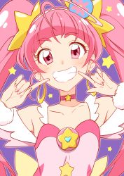 Rule 34 | 1girl, ahoge, blunt bangs, bow, cheek poking, choker, collarbone, cure star, dress, earrings, fingernails, flat chest, grin, hair ornament, highres, hoshina hikaru, jewelry, long hair, looking at viewer, magical girl, pink dress, pink eyes, pink hair, pink neckwear, pink theme, planet hair ornament, poking, poking self, precure, purple background, simple background, sleeveless, sleeveless dress, smile, solo, star (symbol), star choker, star hair ornament, star twinkle precure, twintails, upper body, waist bow, wrist cuffs, yellow bow, yuto (dialique)