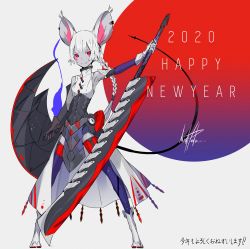 Rule 34 | 1girl, absurdres, animal ears, asymmetrical gloves, bare shoulders, braid, breasts, chinese zodiac, colored skin, commentary request, ear piercing, full body, gloves, grey background, grey skin, happy new year, highres, left-handed, long hair, looking at viewer, mouse ears, mouse tail, new year, original, palow, piercing, red eyes, reverse grip, shield, small breasts, smile, solo, sword, tail, uneven gloves, weapon, white hair, year of the rat