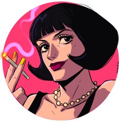 Rule 34 | 1girl, black eyes, black hair, blunt bangs, cigarette, close-up, commentary, ellie mehl, english commentary, eyelashes, highres, jewelry, looking to the side, necklace, one piece, pink background, shakuyaku (one piece), short hair, smoke, solo, yellow nails