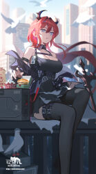 Rule 34 | 1girl, :p, absurdres, arknights, artist name, bare shoulders, black dress, breasts, cleavage, demon horns, dress, fast food, hair between eyes, highres, horns, izsly, jacket, large breasts, long hair, long sleeves, looking at viewer, medium breasts, purple eyes, red hair, signature, solo, surtr (arknights), sword, thighhighs, tongue, tongue out, very long hair, weapon