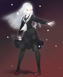 Rule 34 | 1girl, albino, asa (y-asa), black pantyhose, flower, long hair, looking at viewer, mary janes, original, outstretched arm, pantyhose, petals, pigeon-toed, red eyes, school uniform, serafuku, shoes, skirt, solo, standing, sword, thighhighs, weapon, white hair