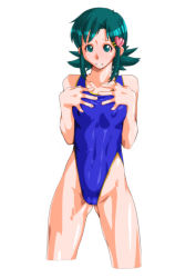 Rule 34 | 1girl, blue one-piece swimsuit, covered erect nipples, green hair, hair ornament, hairclip, kozue hinako, looking at viewer, one-piece swimsuit, parted lips, qkat (arikawa-dou), short hair, simple background, solo, super real mahjong, swimsuit, teeth, white background