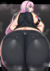 Rule 34 | 1girl, arm tattoo, black background, black panties, black pants, black shirt, black skirt, black thighhighs, blue eyes, blush, breasts, from behind, headset, highres, large breasts, lips, looking to the side, megurine luka, number tattoo, panties, pants, pink hair, shirt, skirt, smile, solo, sweat, sweatdrop, tattoo, thighhighs, uekara5, underwear, vocaloid