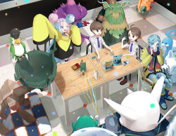 Rule 34 | 2boys, 2girls, ;d, ahoge, altaria, bellibolt, breast pocket, brown footwear, brown hair, card, cetoddle, chair, checkered floor, chi-yu (pokemon), chien-pao, collared shirt, commentary request, confetti, cowlick, creatures (company), florian (pokemon), game freak, gen 3 pokemon, gen 4 pokemon, grusha (pokemon), highres, iono (pokemon), jacket, juliana (pokemon), long hair, mismagius, multiple boys, multiple girls, necktie, nintendo, one eye closed, open mouth, pink hair, pocket, pokemon, pokemon (creature), pokemon sv, rotom, rotom phone, shirt, shoes, short hair, short sleeves, sitting, smile, squawkabilly, table, ting-lu (pokemon), umi usagi (srusumi23), yellow jacket