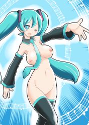 Rule 34 | ;d, absurdres, blue eyes, blue hair, bottomless, hatsune miku, highres, nipples, no pussy, one eye closed, open mouth, qm, smile, topless, twintails, vocaloid