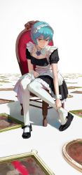 Rule 34 | 1girl, absurdres, alternate costume, ayanami rei, black dress, black footwear, blue hair, breasts, chair, cleavage, darr1o, detached collar, dress, enmaided, full body, highres, looking at viewer, maid, maid headdress, mary janes, medium breasts, neon genesis evangelion, pantyhose, portrait (object), red eyes, shoes, short hair, sitting, solo, white background, white pantyhose, wrist cuffs