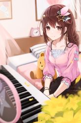 Rule 34 | 1girl, alarm clock, anizi, ankimo (tokino sora), bed, bedroom, belt, blouse, blurry, blush, bracelet, brown eyes, brown hair, brown skirt, buttons, camisole, casual, clock, closed mouth, depth of field, diamond hair ornament, frilled camisole, frills, hair flaps, hair ornament, hair ribbon, hairclip, highres, hololive, indoors, instrument, jewelry, keyboard (instrument), layered skirt, long hair, long sleeves, looking at viewer, on bed, piano, pink ribbon, pink shirt, ribbon, shirt, sitting, skirt, smile, solo, star (symbol), star bracelet, star hair ornament, stuffed animal, stuffed toy, teddy bear, tokino sora, tokino sora (casual), virtual youtuber, white camisole