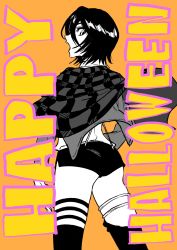 Rule 34 | 1girl, ass, back, bad id, bad twitter id, black hair, bleach, breasts, burn the witch, creator connection, hair between eyes, halloween, highres, jacket, kuchiki rukia, kudou masashi, looking at viewer, monochrome, open mouth, short hair, shorts, small breasts, solo