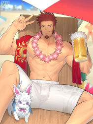 Rule 34 | 1boy, abs, alcohol, bara, beard, beer, blue eyes, blush, brown hair, drawstring, facial hair, fate/grand order, fate (series), flower, flower necklace, fou (fate), highres, hunterkay, jewelry, large pectorals, long sideburns, looking at viewer, male focus, male swimwear, muscular, napoleon bonaparte (fate), necklace, pectorals, scar, sideburns, sitting, smile, solo, summer, swim trunks, swimsuit, umbrella, upper body, victory pose, white male swimwear, white swim trunks