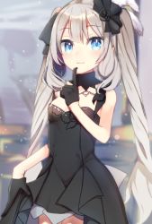 Rule 34 | 1girl, ameshizuku natsuki, black dress, black gloves, blue eyes, blush, breasts, cleavage, detached collar, dress, fate/grand order, fate (series), gloves, hair ribbon, index finger raised, long hair, looking at viewer, marie antoinette (fate), marie antoinette (formal dress) (fate), official alternate costume, ribbon, short dress, silver hair, small breasts, smile, solo, strapless, strapless dress, twintails, very long hair