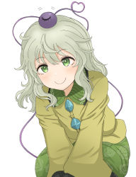 Rule 34 | 1girl, blouse, bright pupils, closed mouth, commentary request, dutch angle, eyeball, feet out of frame, flat chest, floral print, goto tsukasa, green eyes, green skirt, heart, heart of string, komeiji koishi, leaning forward, light blush, light green hair, looking at viewer, medium hair, no headwear, shirt, simple background, sitting, skirt, smile, solo, third eye, touhou, v arms, white background, white pupils, yellow shirt