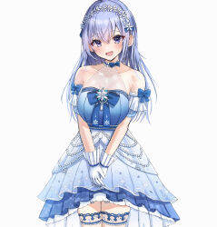 Rule 34 | 1girl, bare shoulders, blue eyes, blue hair, blush, breasts, choker, closed mouth, collarbone, cowboy shot, frilled sleeves, frills, gloves, hair between eyes, hairband, halterneck, highres, idolmaster, idolmaster shiny colors, idolmaster shiny colors song for prism, large breasts, long hair, looking at viewer, open mouth, simple background, smile, solo, suzuki hana, tabii, thigh strap, white background, white gloves