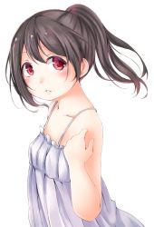 Rule 34 | 10s, 1girl, alternate hairstyle, black hair, blush, dress, funyariko, hand on own shoulder, long hair, looking at viewer, love live!, love live! school idol project, parted lips, ponytail, red eyes, simple background, solo, sundress, upper body, white background, yazawa nico