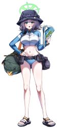 Rule 34 | 1girl, absurdres, bad id, bad twitter id, bikini, black hair, black hat, blue archive, blue bikini, blush, full body, green eyes, hand on own hip, hat, highres, holding, holding map, long sleeves, looking at viewer, map, navel, official alternate costume, open mouth, raglan sleeves, rash guard, sak (lemondisk), saki (blue archive), saki (swimsuit) (blue archive), sandals, short hair, simple background, solo, swimsuit, toes, white background