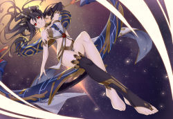 Rule 34 | &gt;:(, 1girl, anklet, arm up, armlet, asymmetrical sleeves, bare arms, bare legs, bare shoulders, barefoot, black detached sleeves, black hair, black ribbon, black socks, breasts, closed mouth, clothing cutout, crown, detached sleeves, dutch angle, earrings, fate/grand order, fate (series), feet, female focus, floating hair, from below, frown, full body, gem, hair ribbon, hoop earrings, ishtar (fate), jewelry, jh, knee up, kneehighs, legs, long hair, looking at viewer, looking down, navel, navel cutout, neck ring, pelvic curtain, red eyes, revealing clothes, ribbon, serious, single kneehigh, single sleeve, single sock, small breasts, socks, solo, space, stomach, strapless, thighlet, toeless legwear, toes, tohsaka rin, two side up, type-moon, uneven sleeves, v-shaped eyebrows