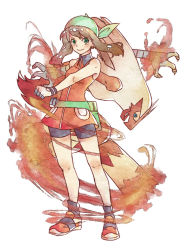 Rule 34 | 1girl, alternate eye color, bandana, bare arms, bare shoulders, bike shorts, black legwear, blaziken, blue eyes, blush, brown hair, claws, clenched hands, closed mouth, collared dress, creatures (company), dress, fanny pack, female focus, fire, floating hair, full body, game freak, gen 3 pokemon, gloves, green bag, green bandanna, green eyes, legs, looking at viewer, may (pokemon), may (pokemon emerald), multicolored clothes, multicolored gloves, naughty face, nintendo, open mouth, orange dress, orange footwear, outstretched arm, pokemon, pokemon (anime), pokemon (creature), pokemon rse, shoes, short dress, short hair, sleeveless, sleeveless dress, smile, sneakers, socks, standing, tomatomikan, white background, white gloves