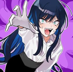 Rule 34 | 1girl, ado (utaite), black pants, blue eyes, blue hair, blush, chando (ado), cloud nine inc, collarbone, collared shirt, colored inner hair, commentary request, crying, crying with eyes open, dark blue hair, dress shirt, gloves, long hair, long sleeves, looking at viewer, mole, mole under eye, multicolored hair, nervous sweating, open mouth, outline, pants, purple background, reaching, reaching towards viewer, riseno, shirt, sidelocks, solo, sweat, tears, teeth, tongue, tongue out, two-tone hair, upper teeth only, utaite, white gloves, white outline, white shirt, wide-eyed