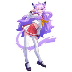 Rule 34 | 1girl, ahoge, ai.mi (omega strikers), animal ears, arm up, artist request, bell, blue eyes, cat ears, cat tail, collar, commentary, english commentary, fish hair ornament, full body, hair ornament, hand on own thigh, heterochromia, highres, leaning forward, long hair, long sleeves, mary janes, midriff, midriff peek, miniskirt, navel, neck bell, neckerchief, official art, omega strikers, open mouth, pink nails, pleated skirt, purple hair, red skirt, school uniform, serafuku, shoes, sidelocks, skindentation, skirt, solo, tail, teeth, thighhighs, transparent background, upper teeth only, v-shaped eyebrows, very long hair, white thighhighs, yellow eyes, yellow neckerchief, zettai ryouiki, zoom layer