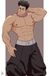 Rule 34 | 1boy, abs, alternate pectoral size, baggy pants, bara, bead necklace, beads, black pants, commentary, commission, english commentary, feet out of frame, highres, himejima gyoumei, jewelry, kimetsu no yaiba, large pectorals, long sideburns, male focus, muscular, muscular male, navel, necklace, nipples, pants, pectorals, prayer beads, rekkinj, scar, scar on face, scar on forehead, short hair, sideburns, solo, stomach, topless male