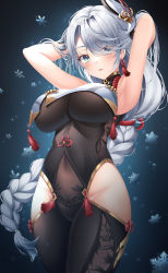 Rule 34 | 1girl, armpits, arms behind head, arms up, bare shoulders, blue eyes, bodysuit, braid, breast curtains, breasts, brown bodysuit, covered navel, cowboy shot, earrings, eyes visible through hair, genshin impact, gold trim, grey hair, groin, hair ornament, highres, hip vent, impossible bodysuit, impossible clothes, jewelry, large breasts, long hair, looking at viewer, no panties, open mouth, see-through, shenhe (genshin impact), sidelocks, single braid, snowflakes, solo, ssong2, standing, tassel, very long hair