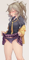 Rule 34 | 1girl, antenna hair, black panties, black shirt, blue nails, blush, breasts, brown hair, cameltoe, closed eyes, clothes lift, collared shirt, commentary request, dress shirt, grey background, highres, jacket, kanzen bouon, kasukabe tsumugi, lifting own clothes, long hair, long sleeves, nail polish, necktie, off shoulder, one side up, open clothes, open jacket, open mouth, panties, pink skirt, plaid, plaid skirt, puffy long sleeves, puffy sleeves, school uniform, shirt, simple background, skirt, skirt lift, sleeves past wrists, small breasts, solo, standing, underwear, voicevox, yellow jacket, yellow necktie