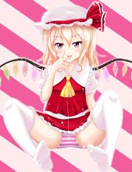 Rule 34 | 1girl, ascot, blonde hair, blush, bow, flandre scarlet, hat, hat bow, highres, licking, licking finger, little red riding hood, mob cap, panties, raised eyebrow, red eyes, reimei (r758120518), soles, solo, spread legs, striped background, striped clothes, striped panties, thighhighs, touhou, underwear, white thighhighs