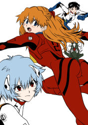 Rule 34 | 1boy, 1other, 2girls, absurdres, angel (evangelion), ass, ass focus, ayanami rei, black hair, blue hair, blush, bodysuit, breasts, brown hair, carrying, chibi, eywy4324, hair ornament, happy, highres, ikari shinji, interface headset, jumping, long hair, looking at another, multiple girls, neon genesis evangelion, open mouth, plugsuit, red bodysuit, red eyes, running, sachiel (evangelion), short hair, simple background, sitting, sitting on person, skin tight, smile, souryuu asuka langley, two side up, white background