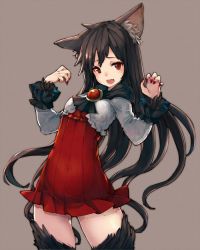 Rule 34 | 1girl, adapted costume, animal ears, blush, brooch, brown hair, chobi (sakuyasakuhana), cowboy shot, dress, fur, grey background, imaizumi kagerou, jewelry, long hair, long sleeves, looking at viewer, nail polish, open mouth, red dress, red eyes, short dress, simple background, smile, solo, standing, touhou, wolf ears
