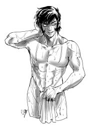Rule 34 | 1boy, abs, arm behind head, cowboy shot, devilman, fudou akira, greyscale, leg1228, male focus, monochrome, nude, scar, sideburns, simple background, solo, toned, toned male, towel, wet, white background