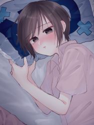 Rule 34 | 1girl, absurdres, baby (demotsu), bed sheet, blush, brown eyes, brown hair, closed mouth, embarrassed, fruits basket, hands up, highres, looking at viewer, lying, no, on bed, on side, pillow, pout, short hair, short sleeves, solo, souma akito, upper body, yes-no pillow