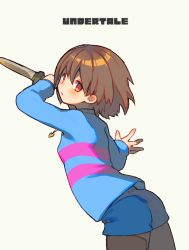 Rule 34 | 1girl, androgynous, bad id, bad pixiv id, breasts, brown hair, chara (undertale), commentary request, frisk (undertale), jewelry, knife, looking at viewer, looking back, necklace, oshiruko (tsume), pantyhose, red eyes, shirt, short hair, shorts, simple background, small breasts, solo, striped clothes, striped shirt, striped sweater, sweater, undertale, white background