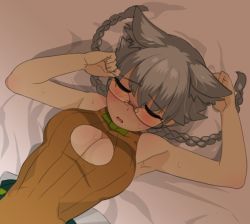 Rule 34 | 1girl, animal ear fluff, animal ears, armpits, arms up, bed sheet, blush, bow, braid, breasts, brown shirt, cat ears, cleavage cutout, clenched hands, clothing cutout, commentary request, drunk, closed eyes, from above, glasses, green bow, grey hair, lying, medium breasts, on back, on bed, original, ranka (kehotank), rimless eyewear, shirt, sleeveless, sleeveless shirt, solo, soumu (kehotank), twin braids, twintails