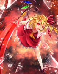 Rule 34 | 1girl, absurdres, ascot, blonde hair, broken glass, energy ball, fangs, fiery background, fire, flandre scarlet, glass, glint, hair ribbon, highres, kneehighs, laevatein, loafers, looking at viewer, magic circle, no headwear, no headwear, open mouth, red eyes, ribbon, shards, shoes, short hair, side ponytail, sinkai, skirt, skirt set, slit pupils, socks, solo, standing, standing on one leg, touhou, white socks, wings