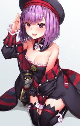 Rule 34 | 1girl, automaton (object), bare shoulders, belt, black legwear, breasts, cleavage, colonel olcott (fate), detached collar, doll, dress, fate/grand order, fate (series), hat, helena blavatsky (fate), helena blavatsky (third ascension) (fate), highres, jacket, kaerunoko, looking at viewer, open mouth, purple eyes, purple hair, salute, sefirot, short hair, small breasts, smile, solo, strapless, strapless dress