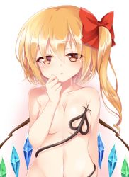 Rule 34 | 1girl, :o, blonde hair, blush, breasts, covering privates, flandre scarlet, hand to own mouth, haruki (colorful macaron), head tilt, laevatein (tail), looking at viewer, medium breasts, navel, nude, red eyes, short hair with long locks, solo, tail, tail wrap, touhou, wings